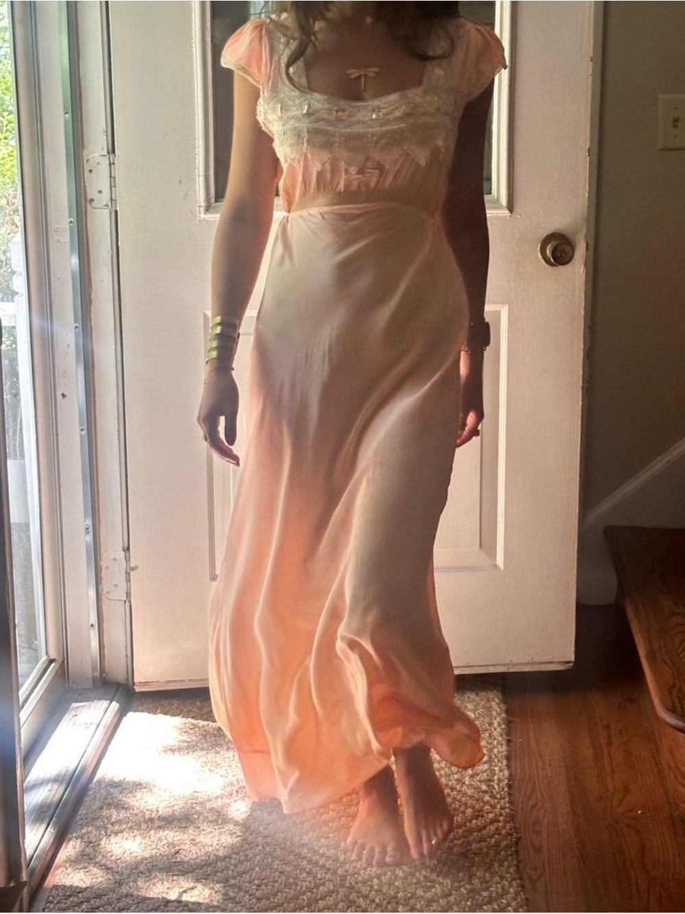 1920s Vintage Peach liquid and lace slip dress